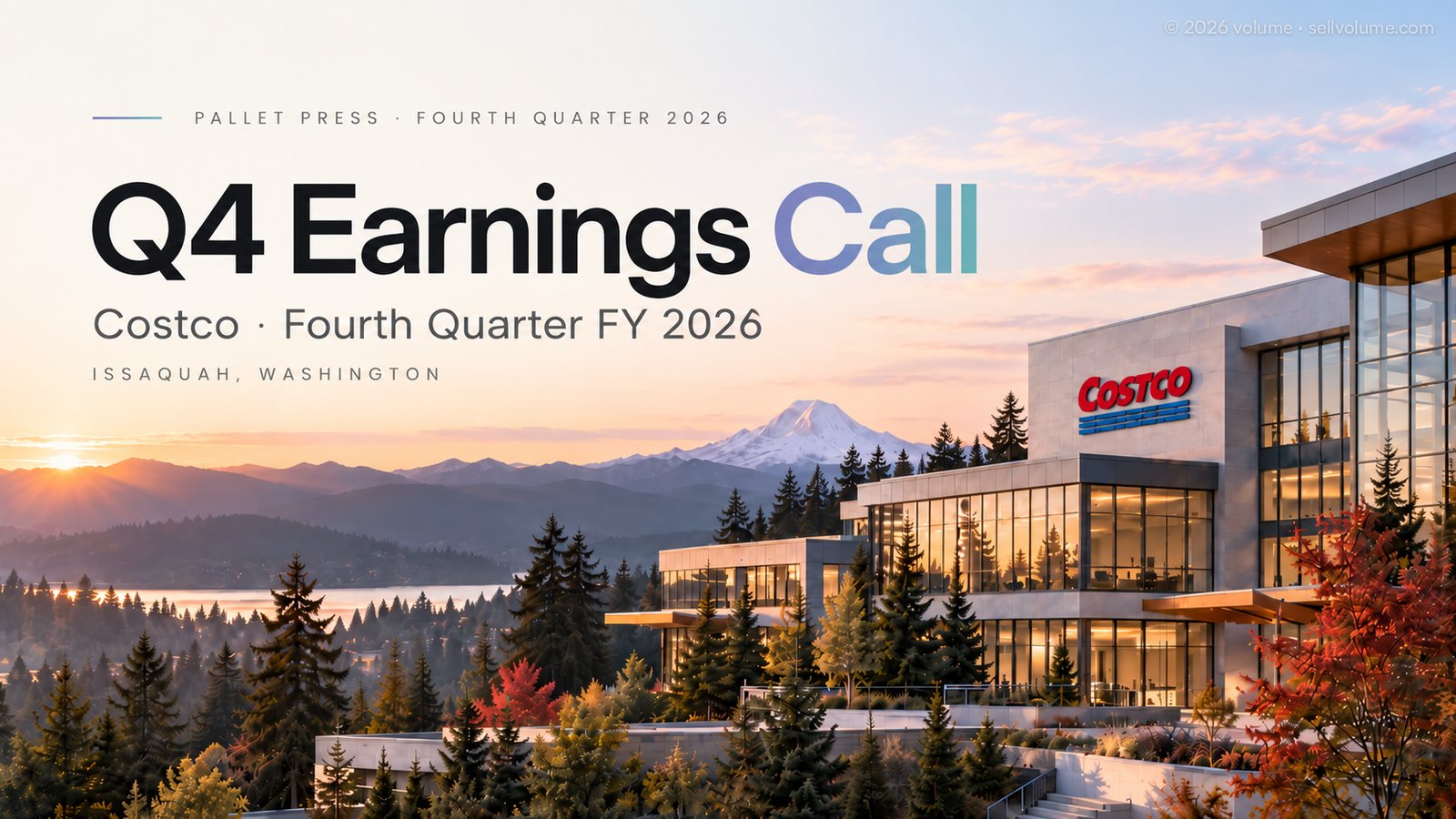 Pallet Press, Fourth Quarter 2026: Q4 Earnings Call. Costco, Fourth Quarter FY 2026, Issaquah, Washington. Costco headquarters at sunrise with Mount Rainier behind it.