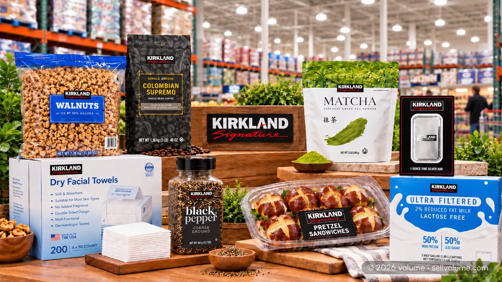 Kirkland Signature items from the quarter: walnuts, Colombian whole bean coffee, dry facial towels, coarse black pepper, matcha green tea powder, 1 oz silver bar, pretzel sandwiches, and ultra-filtered lactose-free 2% milk