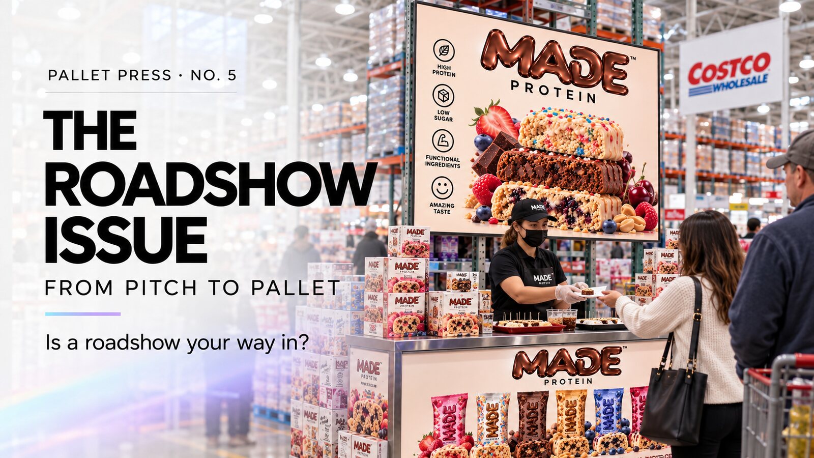 Pallet Press No. 5, The Roadshow Issue, From pitch to pallet: a roadshow station inside a Costco warehouse with a hanging banner, stacked cases and a team member handing a sample to a member