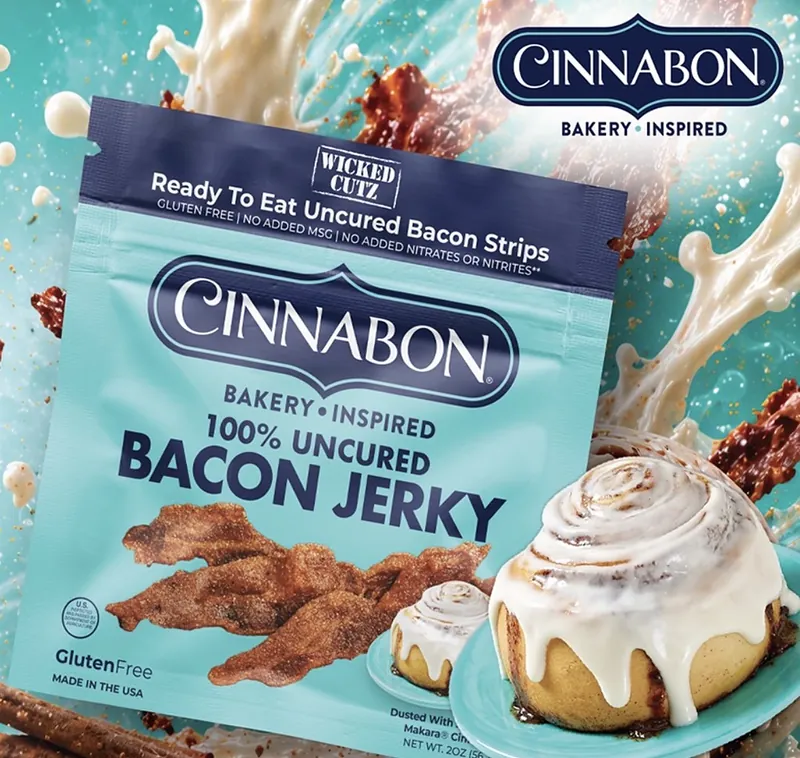 A Wicked Cutz Cinnabon bacon jerky pouch with a frosted cinnamon roll