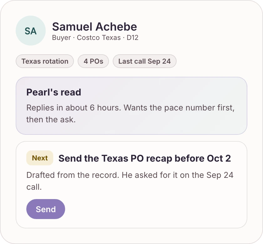 A Costco buyer card with Pearl's read and the next move