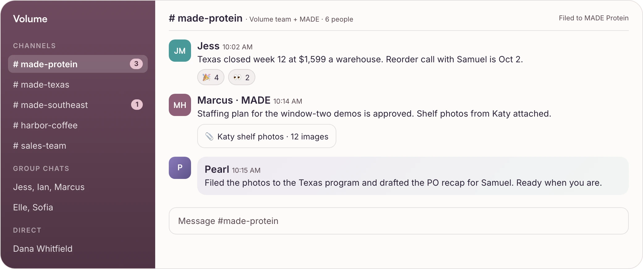 Messaging with channels by brand and team, group chats and Pearl in the thread